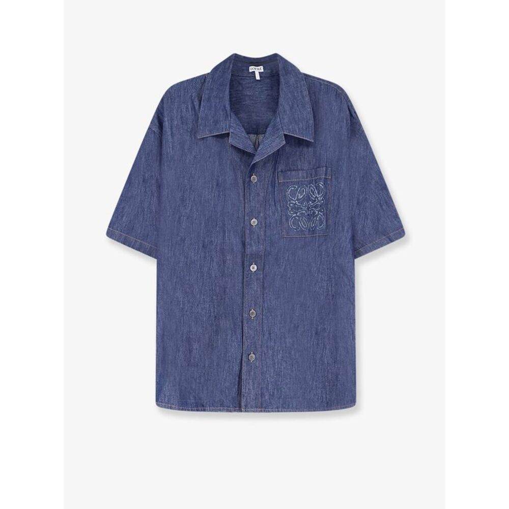 Loewe Men Blue Denim Shirt With Embroidered Anagram Logo